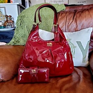Coach Crimson Patent Leather Maggie bag with matching Wallet